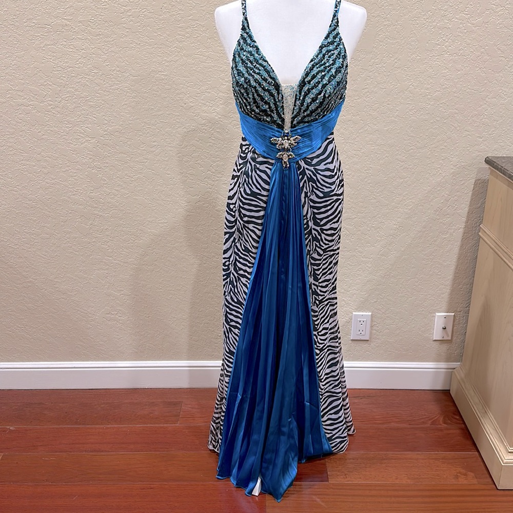 Alyce Designs Zebra Black, White & Teal with beading on the bodice